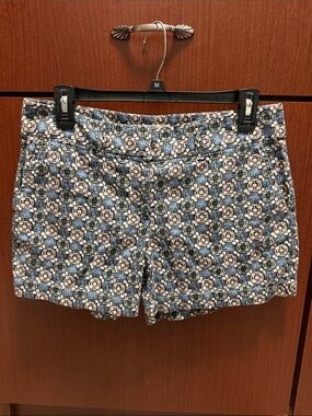 LOFT High-Waist Floral Mosaic Shorts - Blue and White